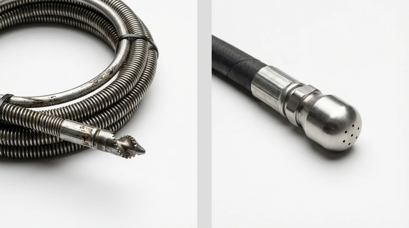 Drain snake cable and hydro jetting nozzle used for drain cleaning in Pineville, MO