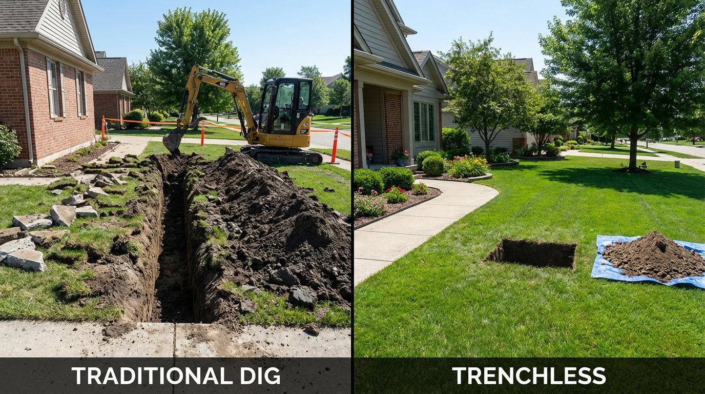 Trenchless sewer repair with minimal yard damage versus traditional excavation in Pineville, MO
